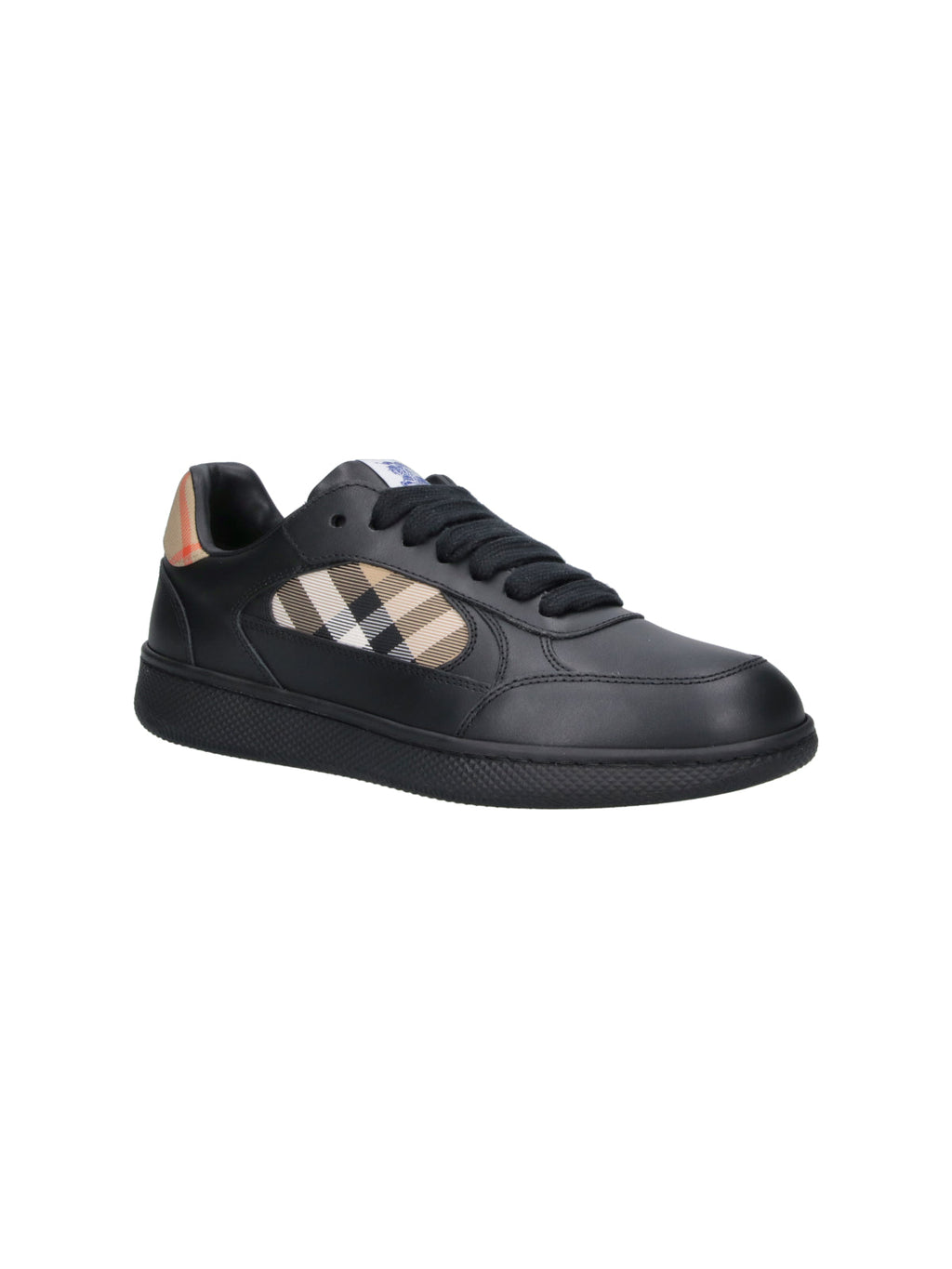 Low-Top Black Leather Sneakers with Signature Check Inserts