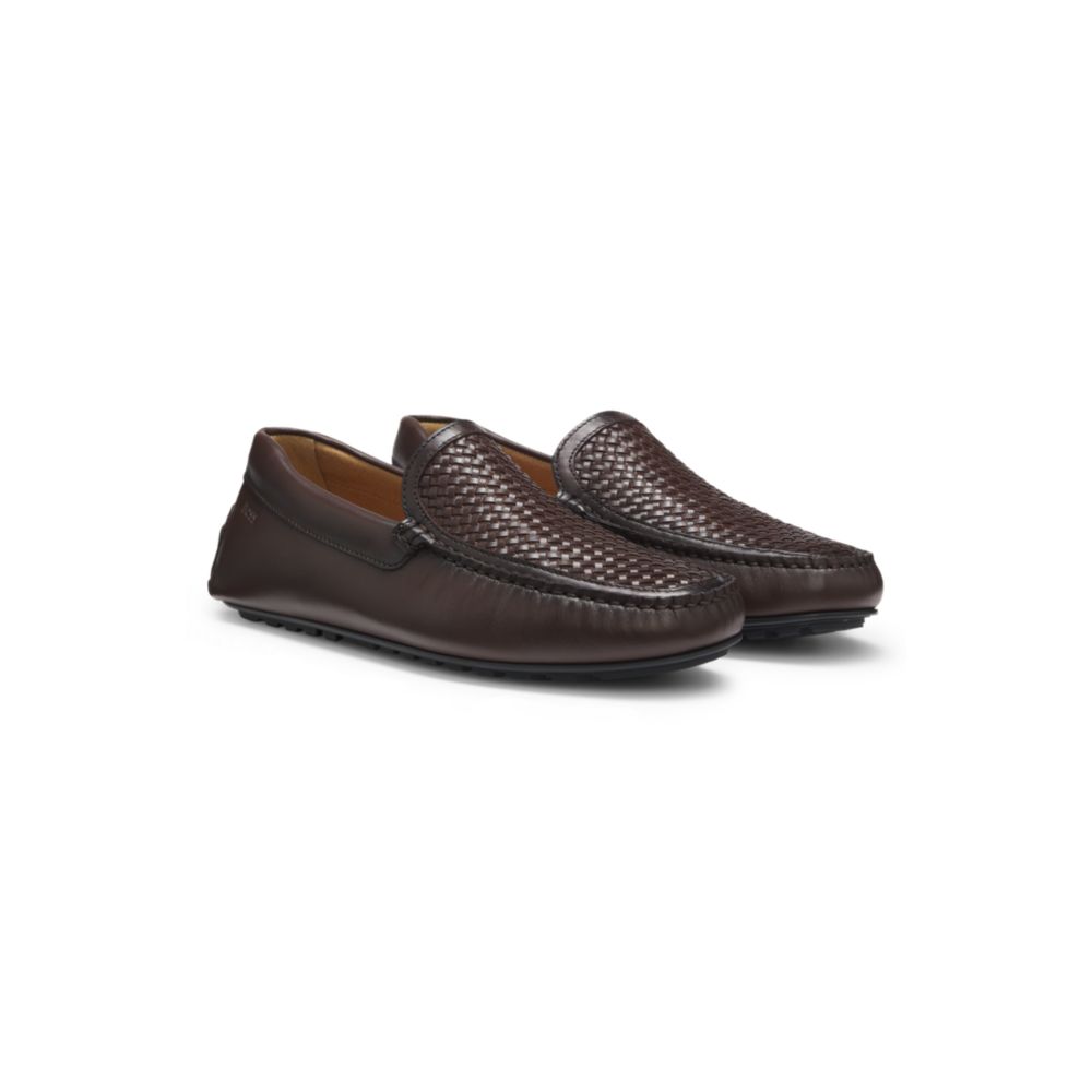 Leather moccasins with woven vamp