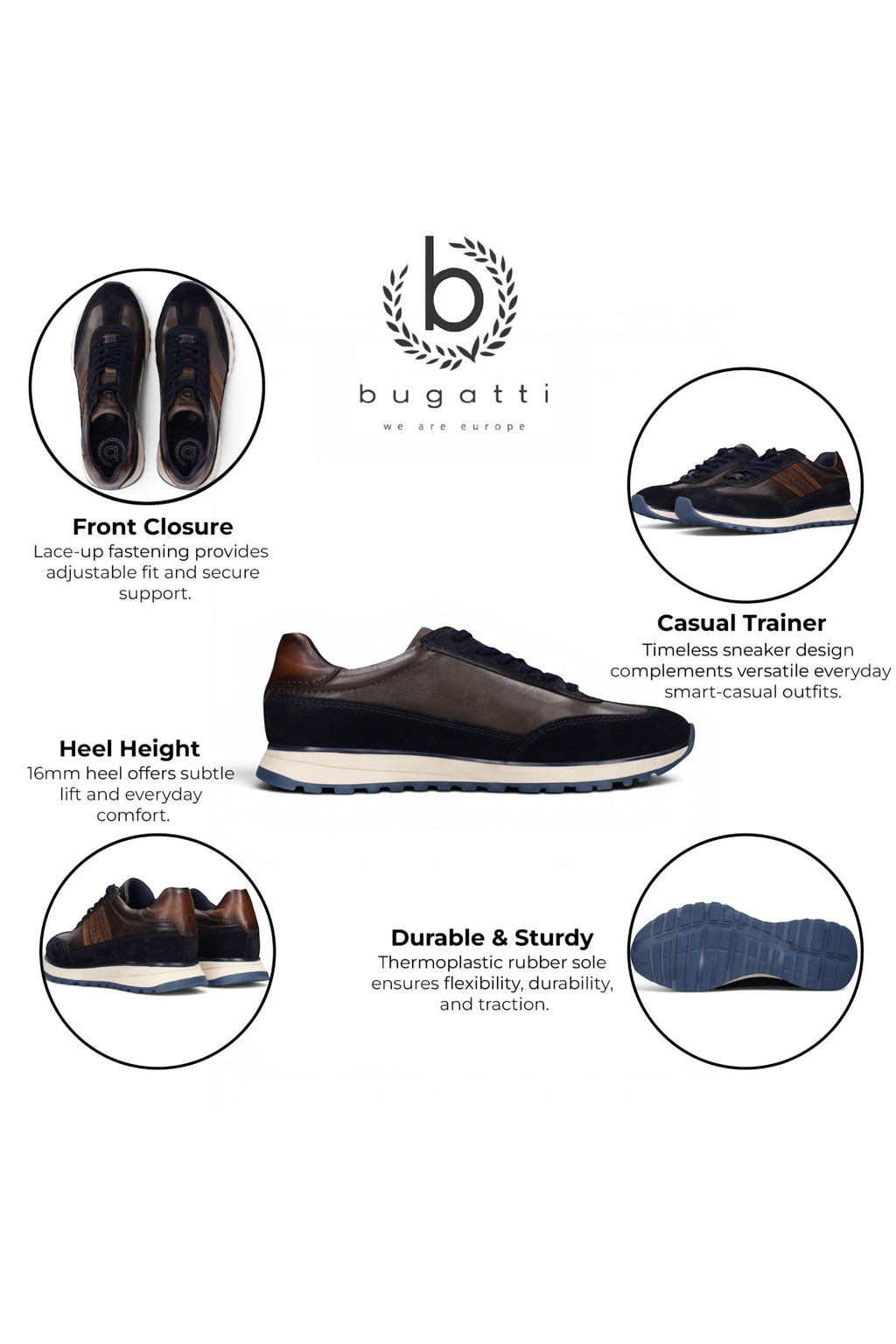 Bugatti Men's Navy Blue Leather Lace-Up Trainer Sneaker Shoes - Timon
