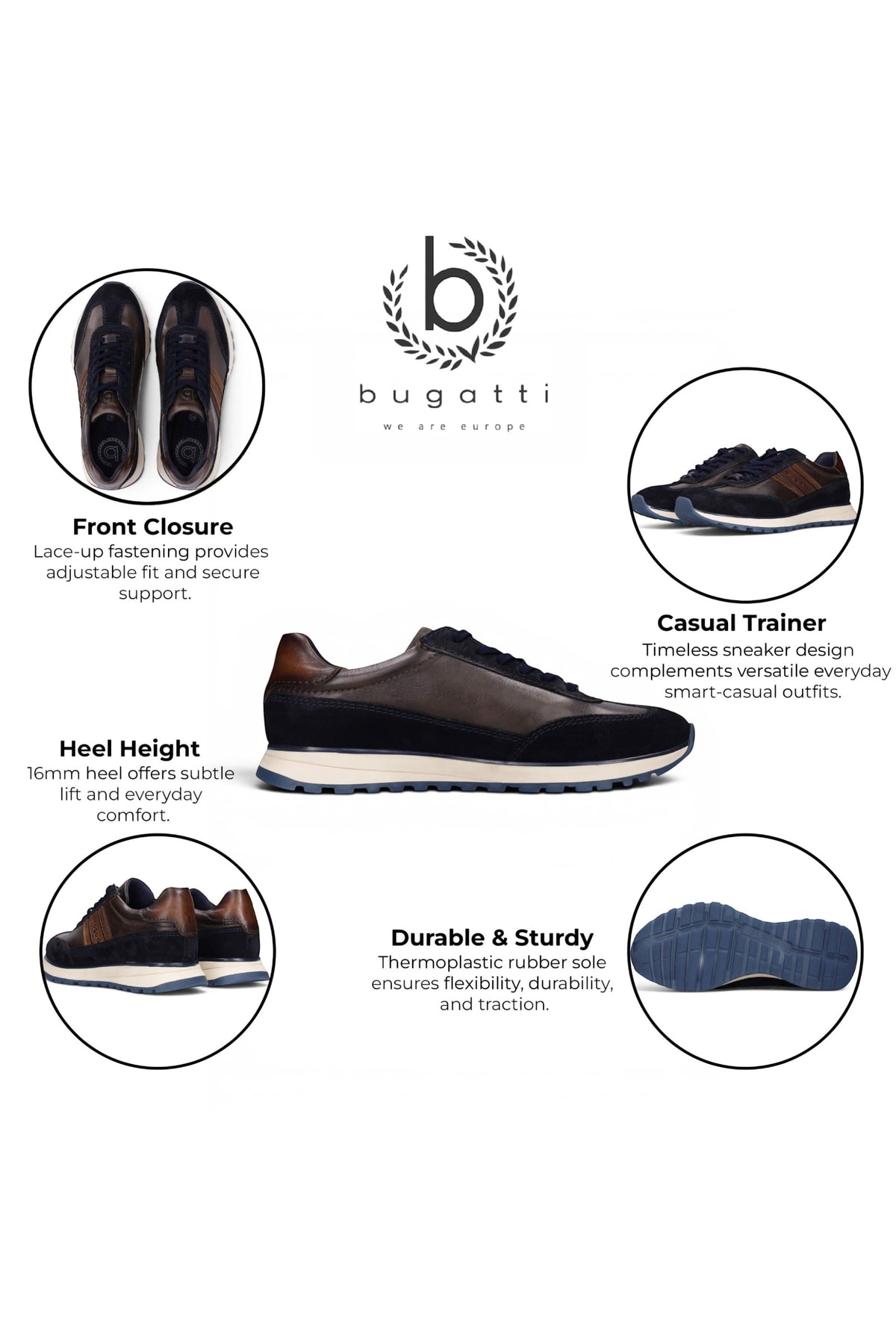 Bugatti Men's Navy Blue Leather Lace-Up Trainer Sneaker Shoes - Timon