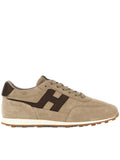 Beige Suede Low-Top Sneakers with Contrasting Dark Brown Logo