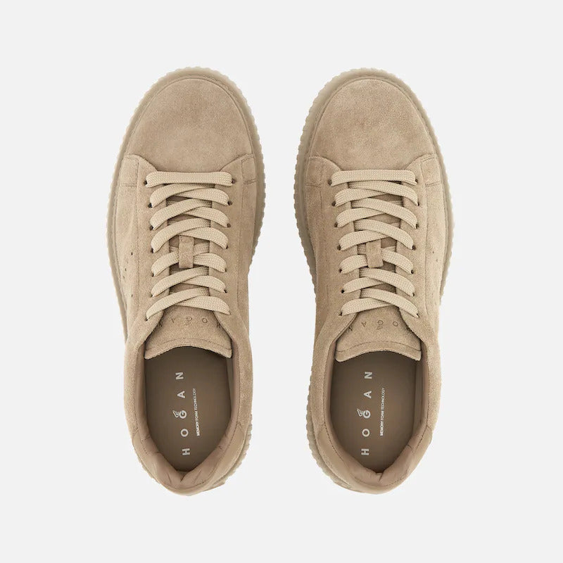 Beige Monochromatic Ribbed Sole Suede Low-Top Sneakers