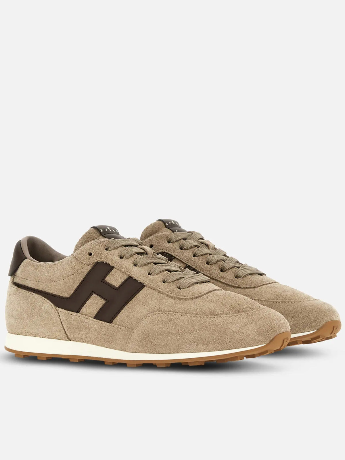 Beige Suede Low-Top Sneakers with Contrasting Dark Brown Logo