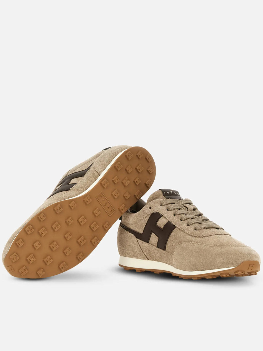 Beige Suede Low-Top Sneakers with Contrasting Dark Brown Logo