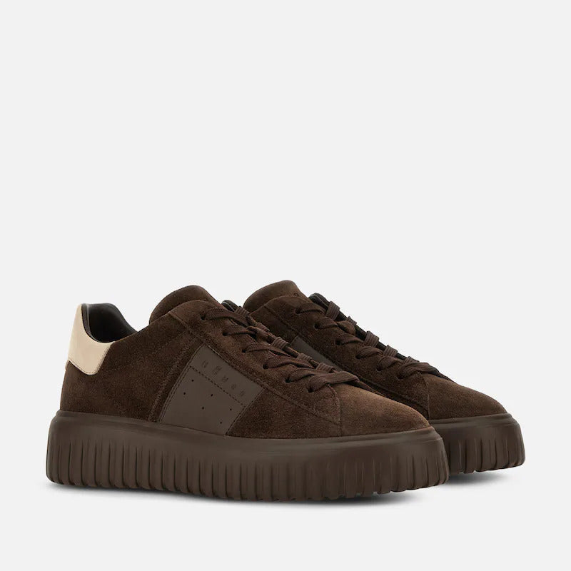 Dark Brown Suede Leather Embossed Low-Top Sneakers