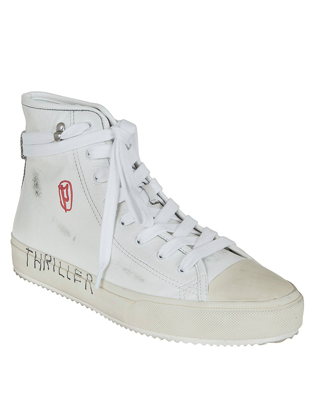 High-Top White Leather Sneakers with Ankle-Wrap Laces