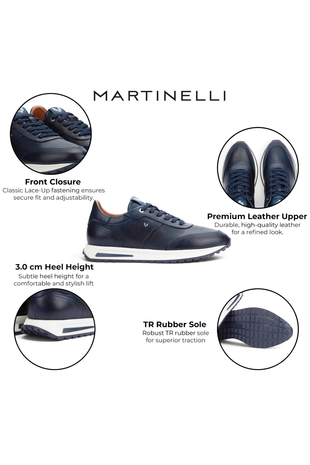 Martinelli Men's Blue Leather Sneakers Trainer Lace-Up Shoes - Hanbury