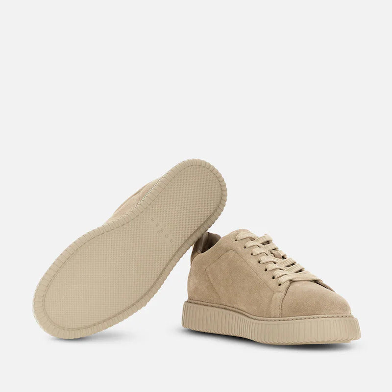 Beige Monochromatic Ribbed Sole Suede Low-Top Sneakers