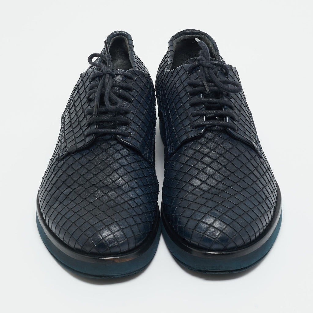 Giorgio Armani Navy Blue Woven Leather Low Top Sneakers