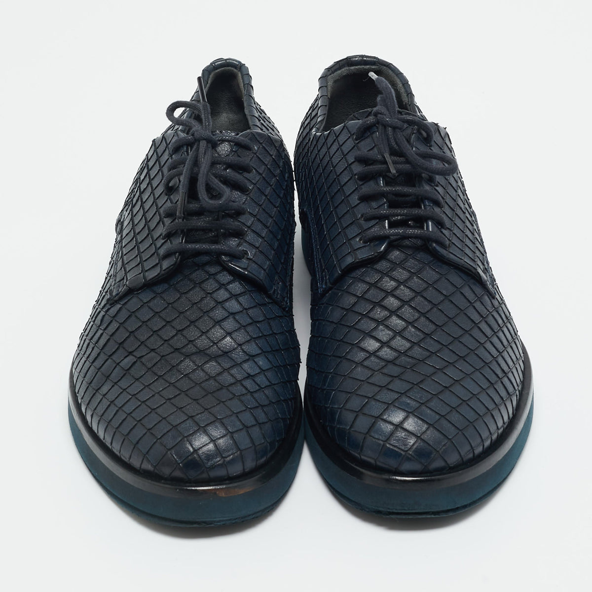 Giorgio Armani Navy Blue Woven Leather Low Top Sneakers