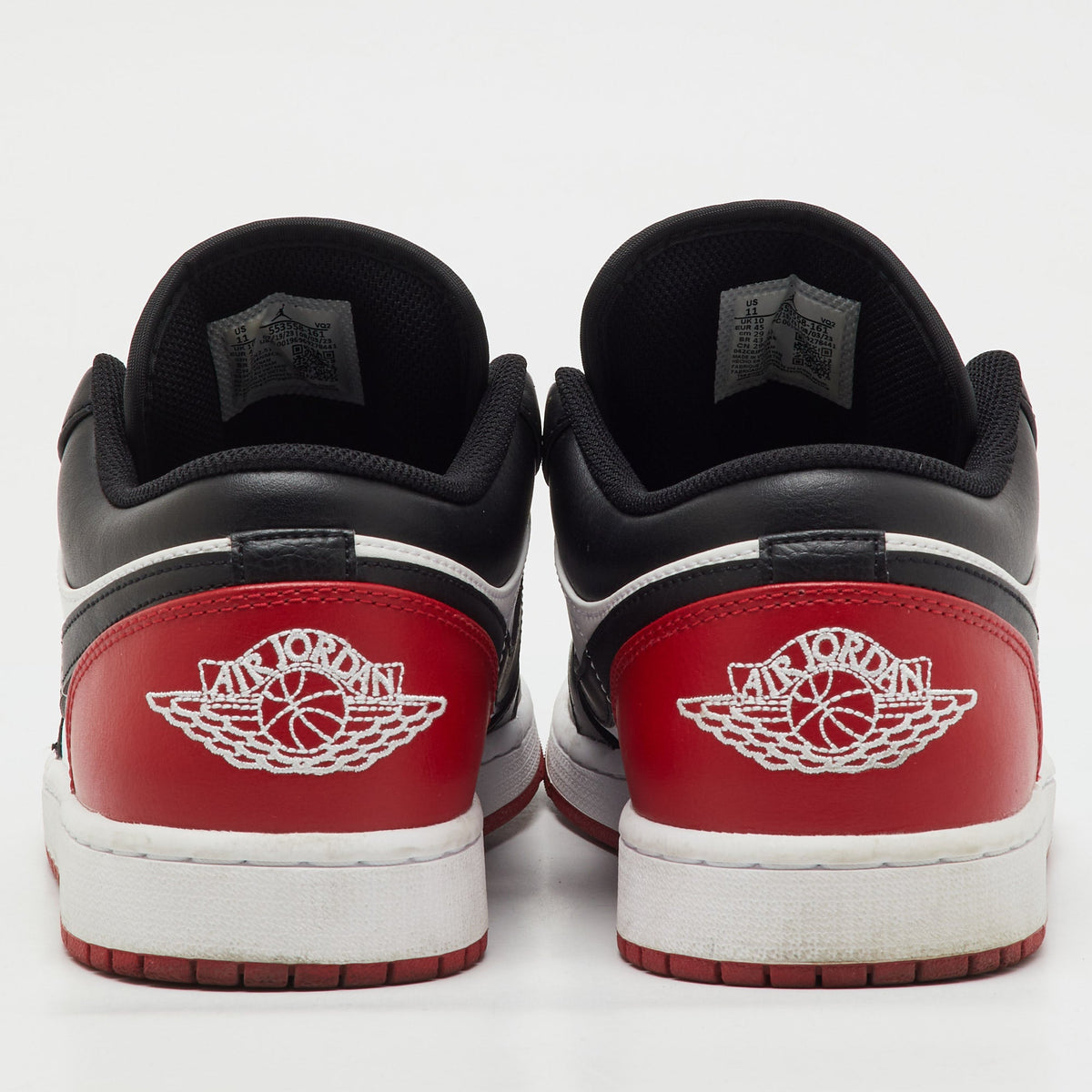 Air Jordans Black/red Leather Jordan 1 Low Bred Toe Sneakers