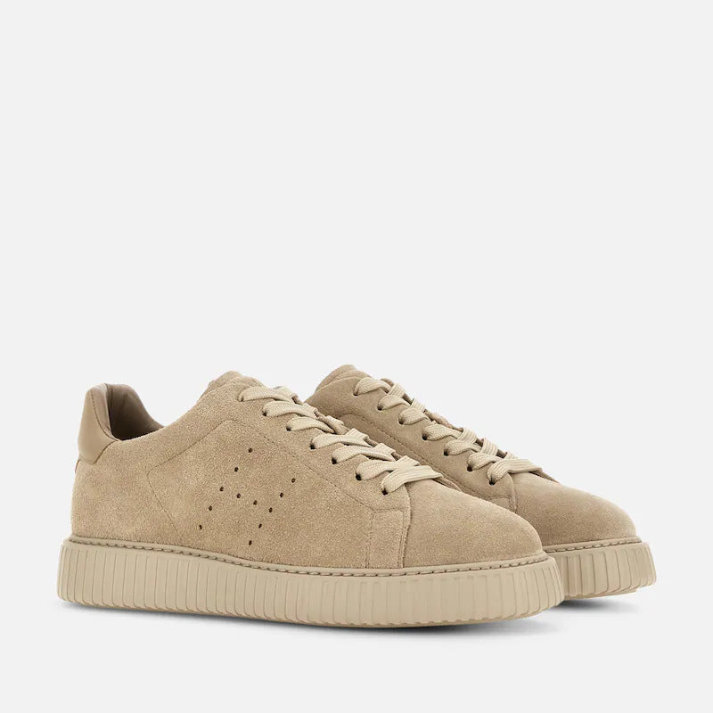 Beige Monochromatic Ribbed Sole Suede Low-Top Sneakers