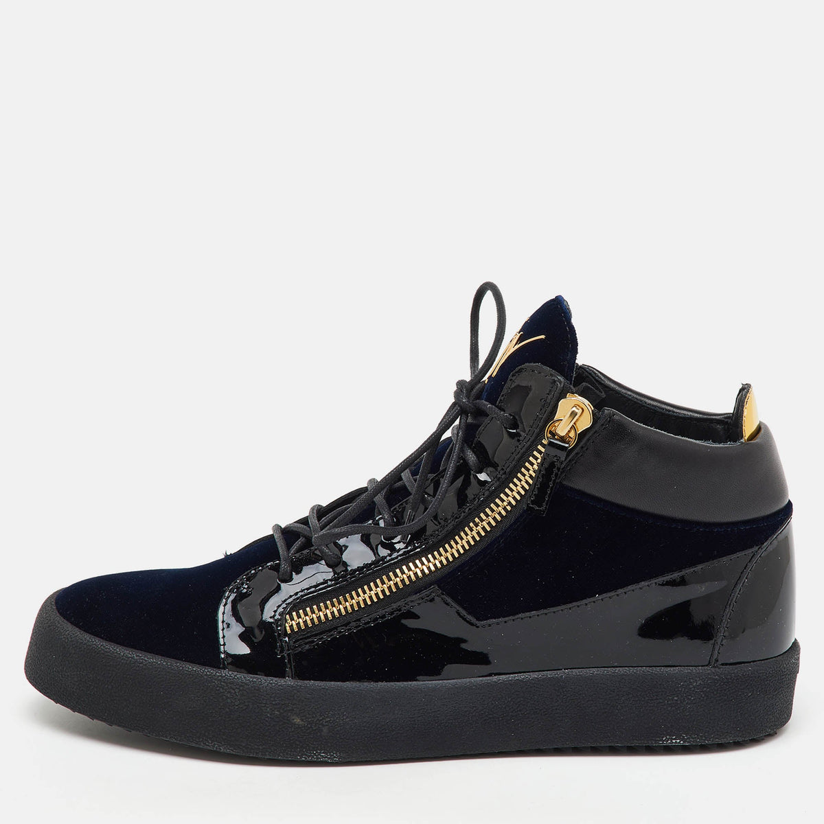 Giuseppe Zanotti Blue/black Velvet And Patent Frankie High Top Sneakers