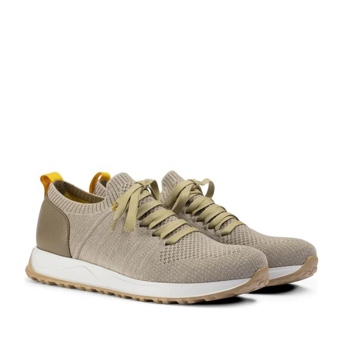 Beige Knitted Textured Leather Accents Sneakers