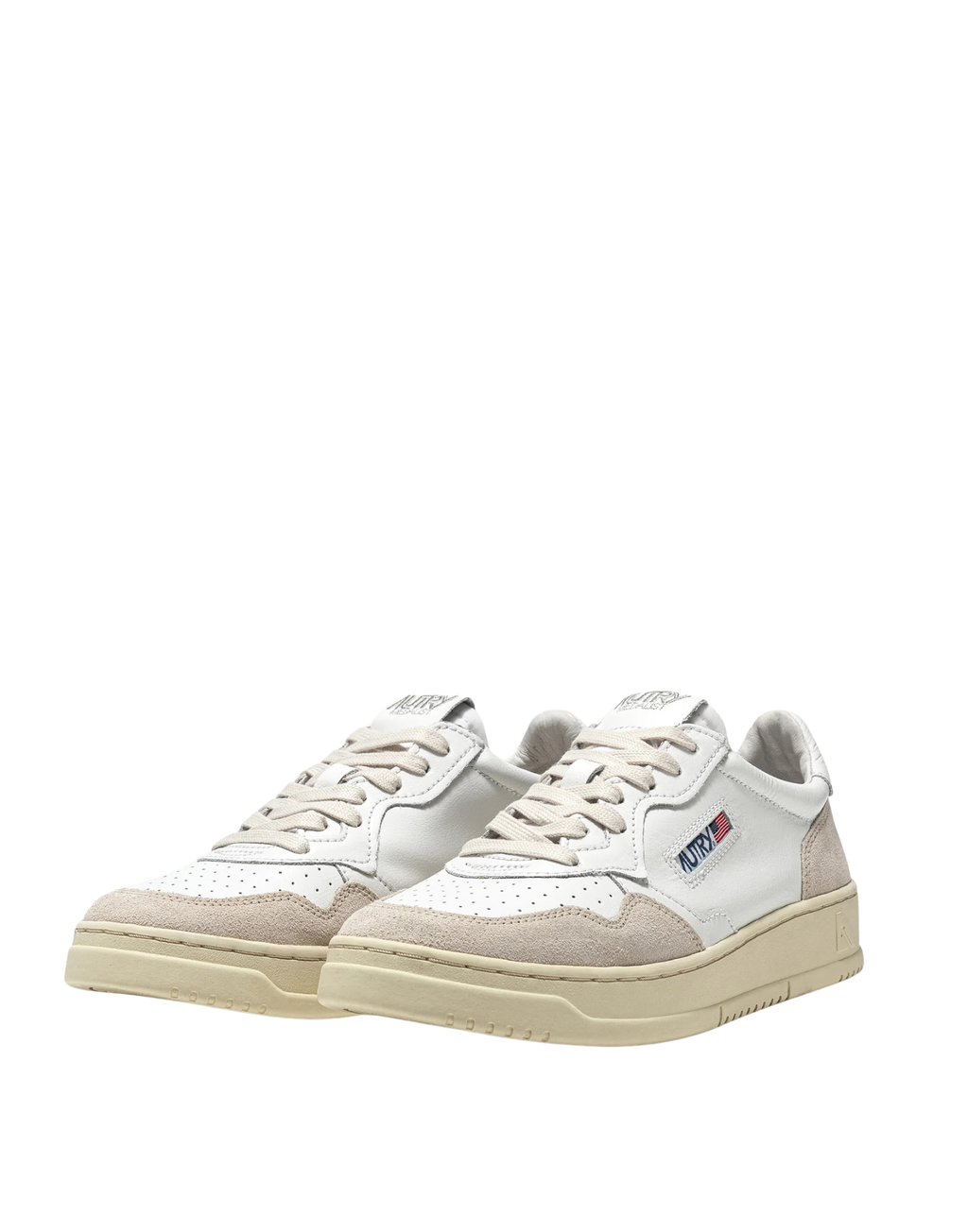 Autry Medalist Low White Leather and Beige Suede Sneakers