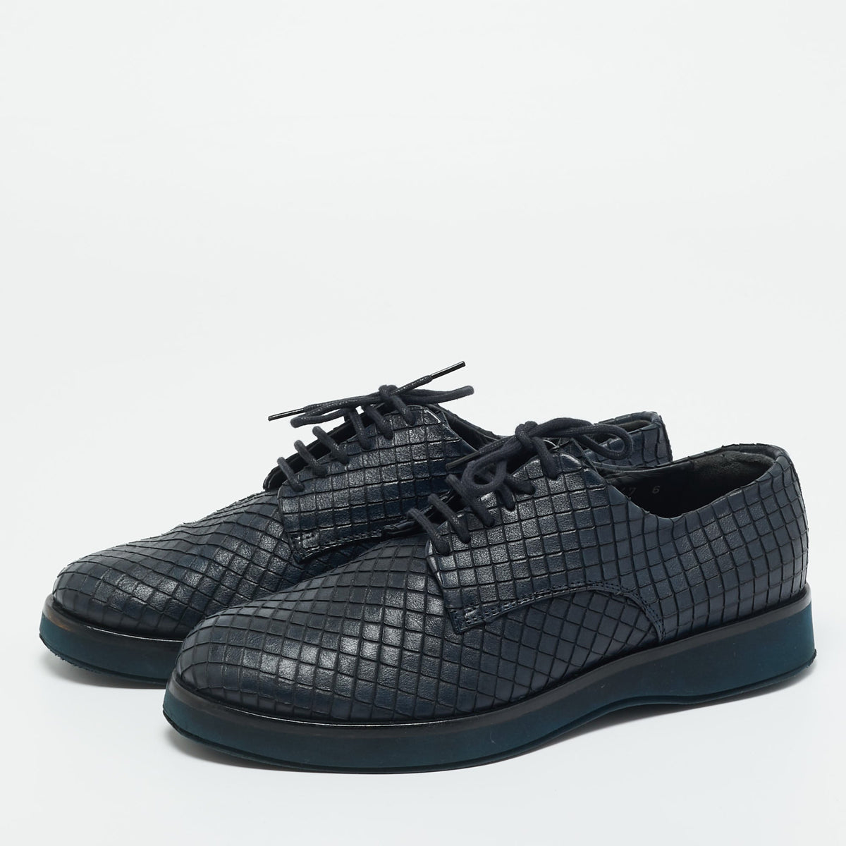 Giorgio Armani Navy Blue Woven Leather Low Top Sneakers