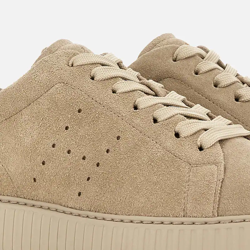 Beige Monochromatic Ribbed Sole Suede Low-Top Sneakers