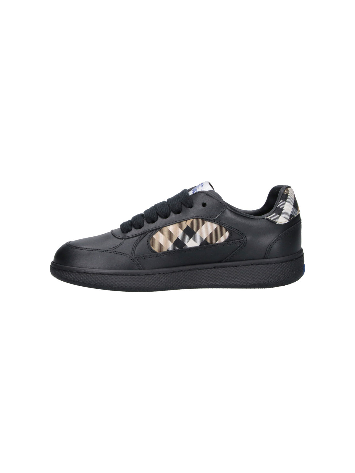 Low-Top Black Leather Sneakers with Signature Check Inserts