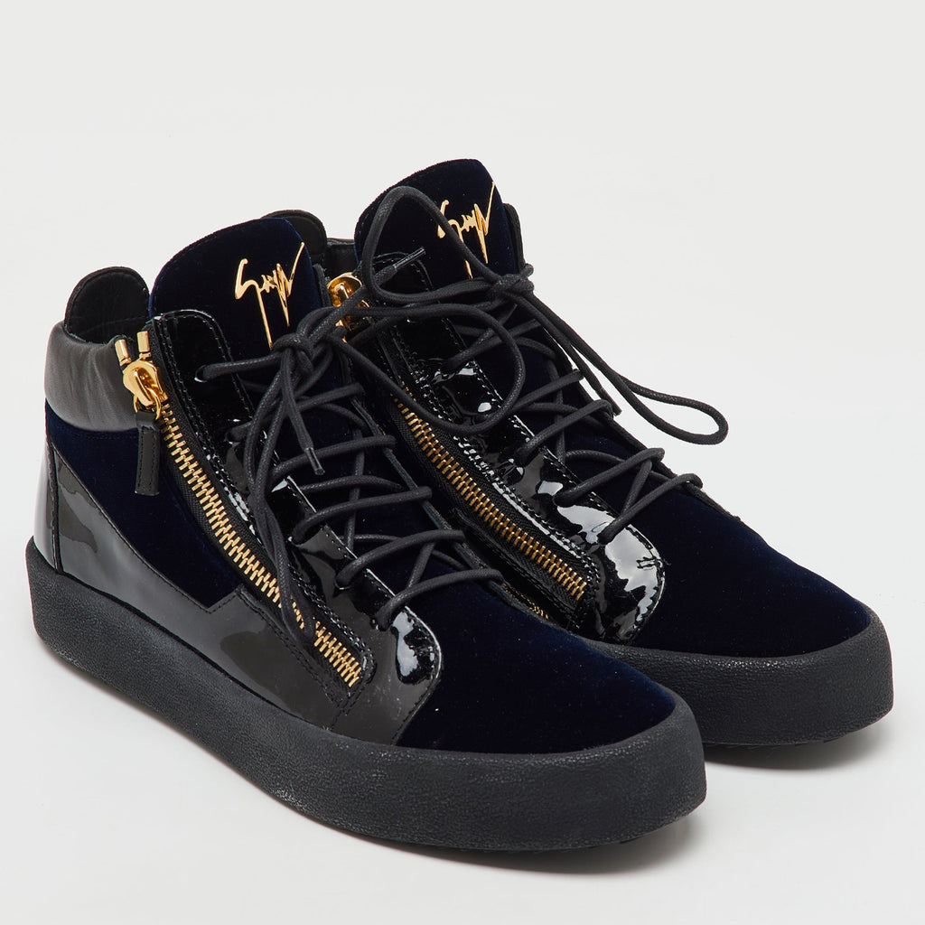 Giuseppe Zanotti Blue/black Velvet And Patent Frankie High Top Sneakers