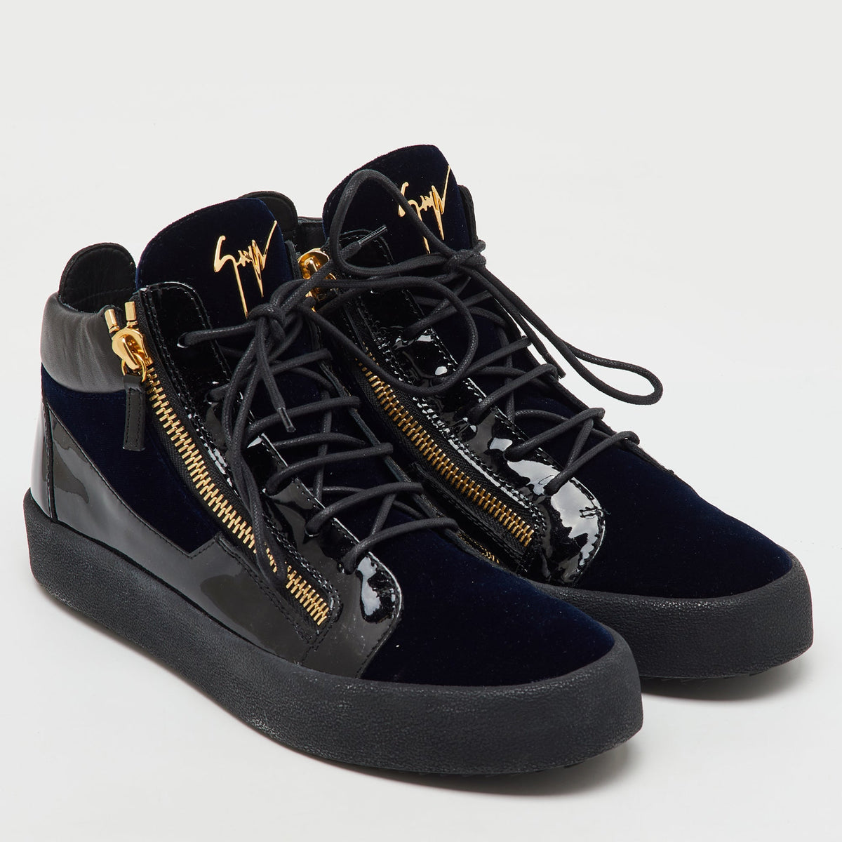 Giuseppe Zanotti Blue/black Velvet And Patent Frankie High Top Sneakers