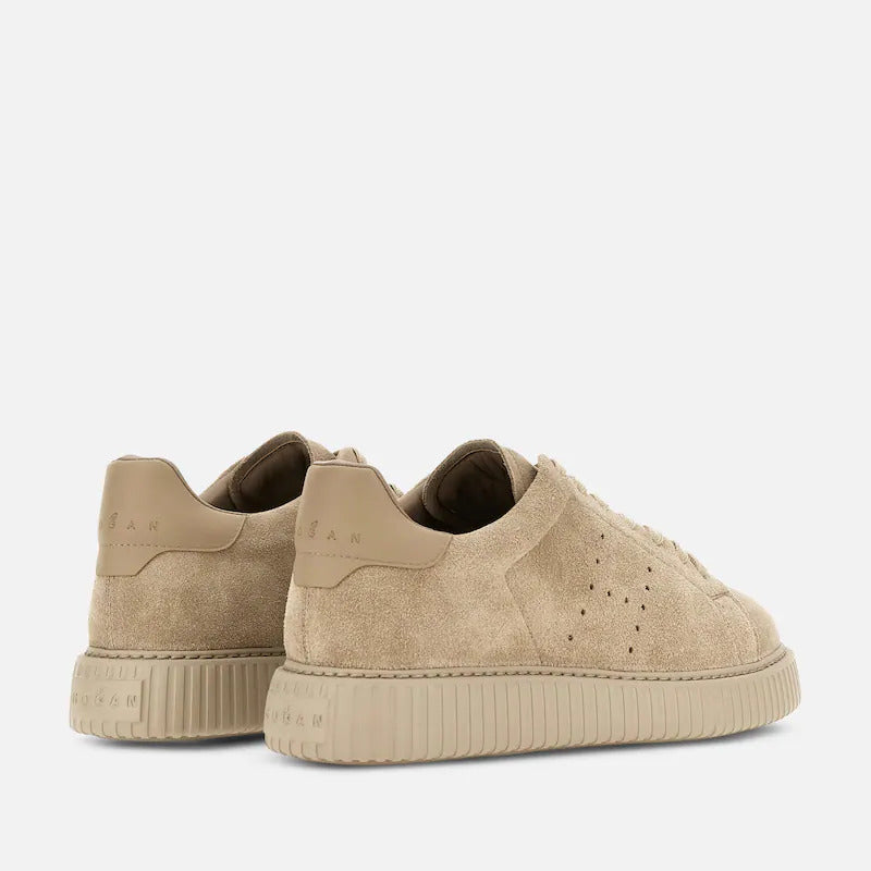 Beige Monochromatic Ribbed Sole Suede Low-Top Sneakers