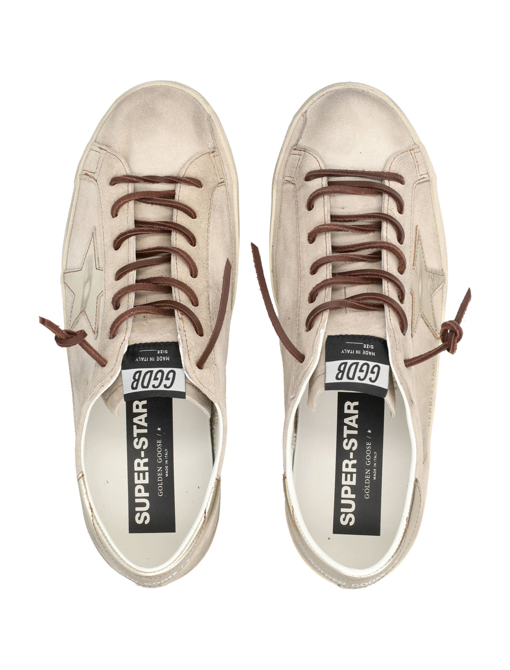 Distressed Beige Suede Sneakers with Metallic Silver Star Detail