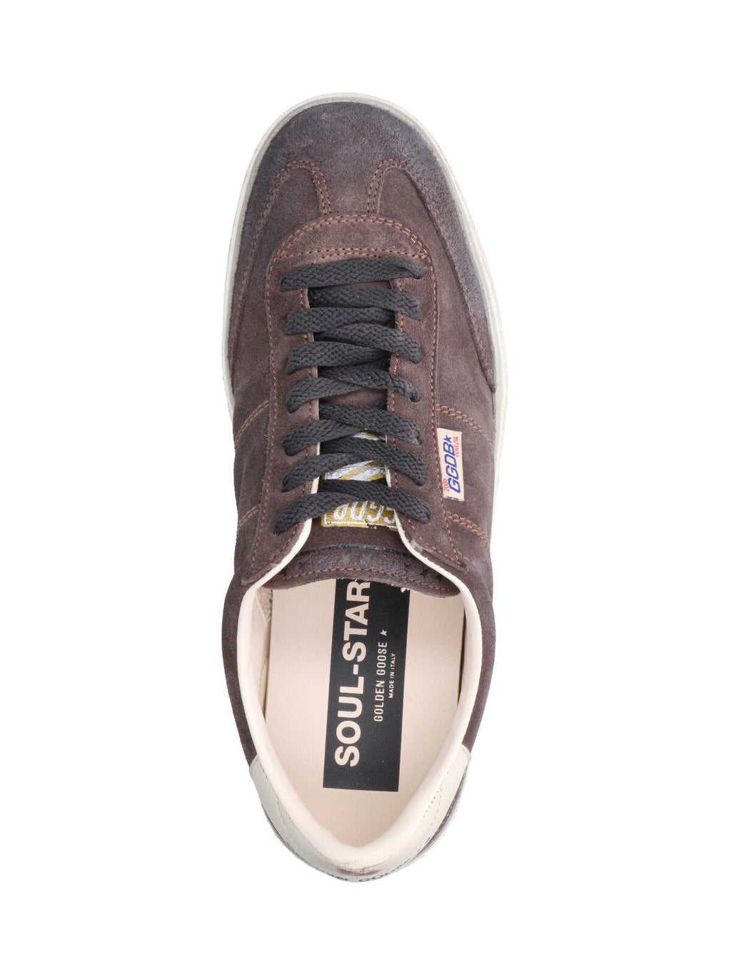 Low-Top Vintage Brown Suede Sneakers with Gold Accents