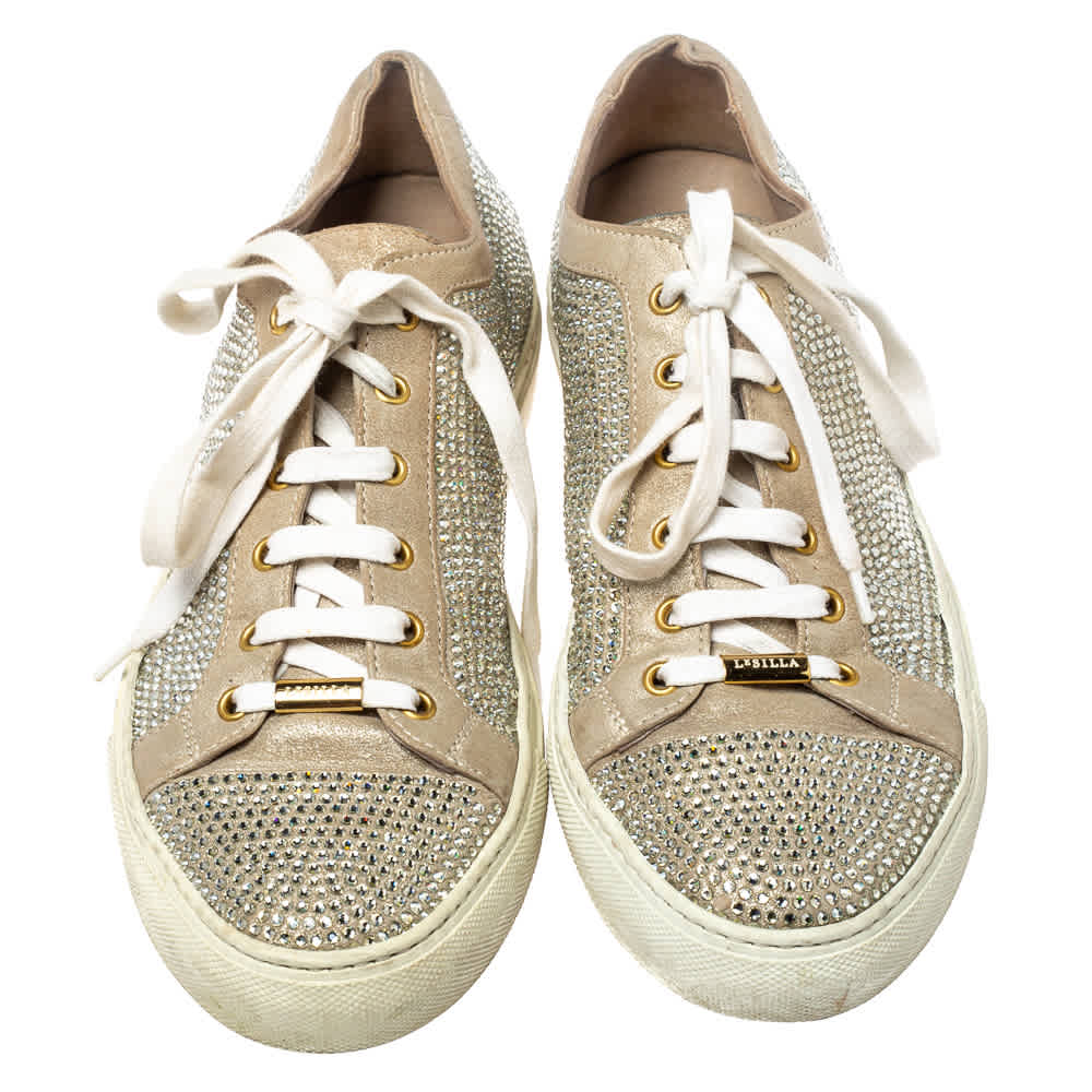 Le Silla Metallic Beige Crystal Embellished Suede Low Top Sneakers