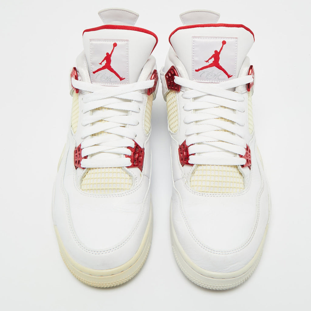 Air Jordans White Leather Jordan 4 Retro Metallic Red Sneakers