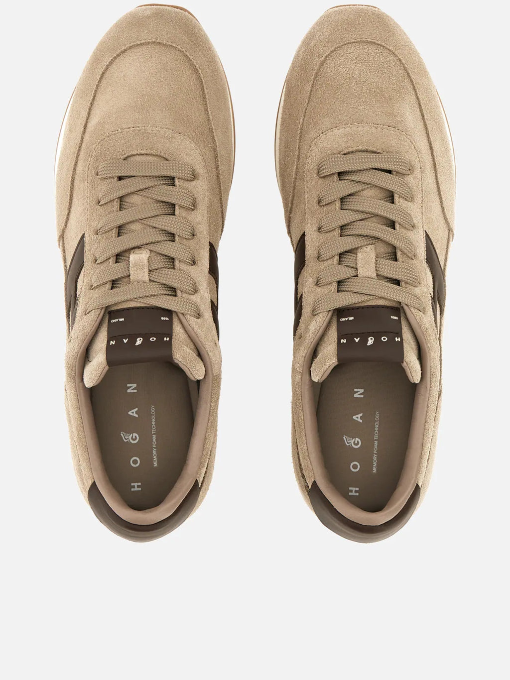 Beige Suede Low-Top Sneakers with Contrasting Dark Brown Logo