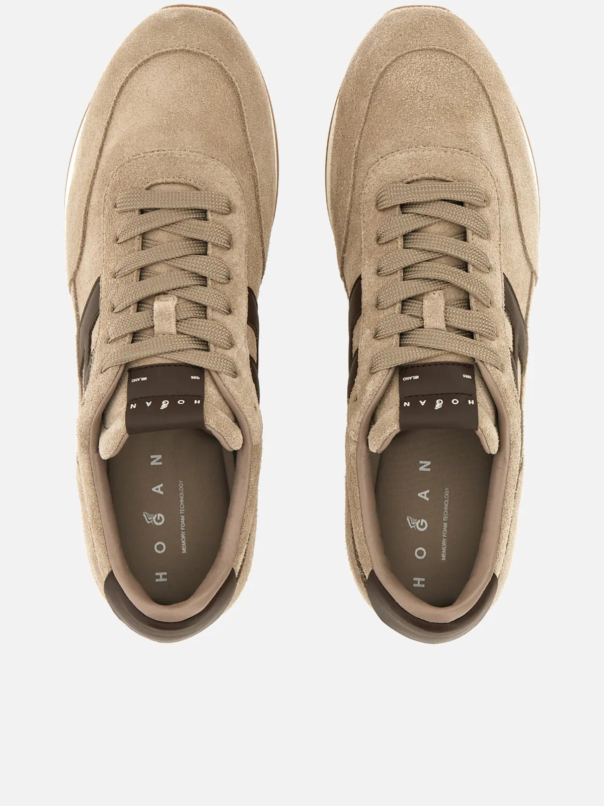 Beige Suede Low-Top Sneakers with Contrasting Dark Brown Logo