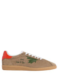 Beige Suede Low-Top Sneakers With Asymmetrical Heel Tabs