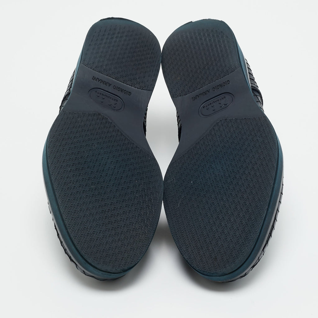 Giorgio Armani Navy Blue Woven Leather Low Top Sneakers