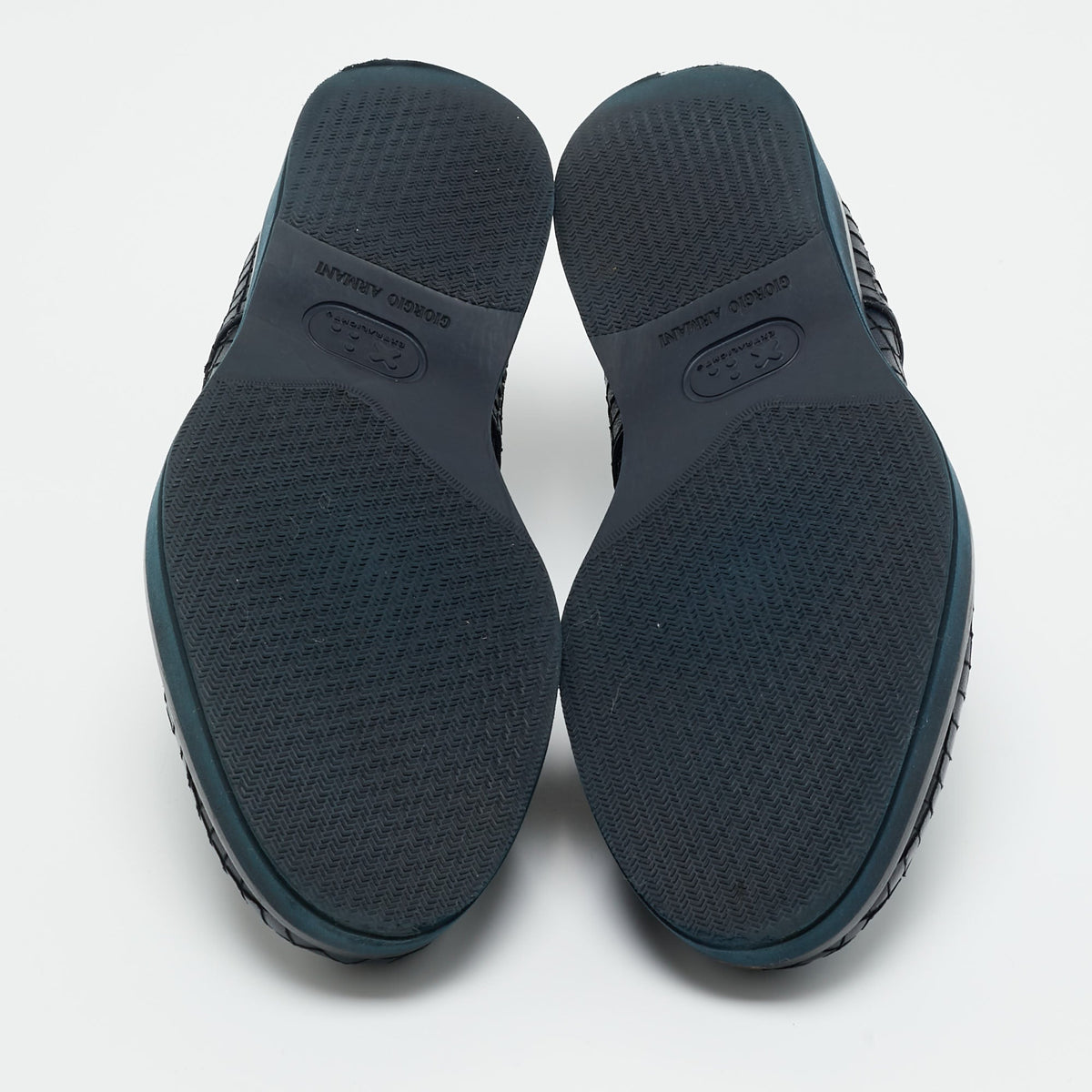 Giorgio Armani Navy Blue Woven Leather Low Top Sneakers