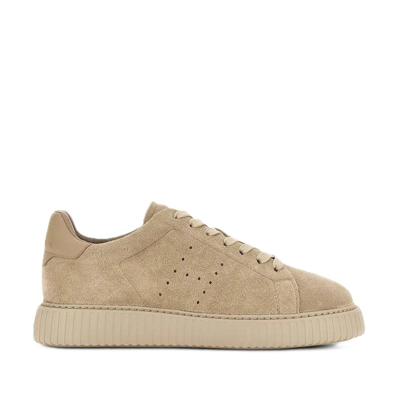 Beige Monochromatic Ribbed Sole Suede Low-Top Sneakers