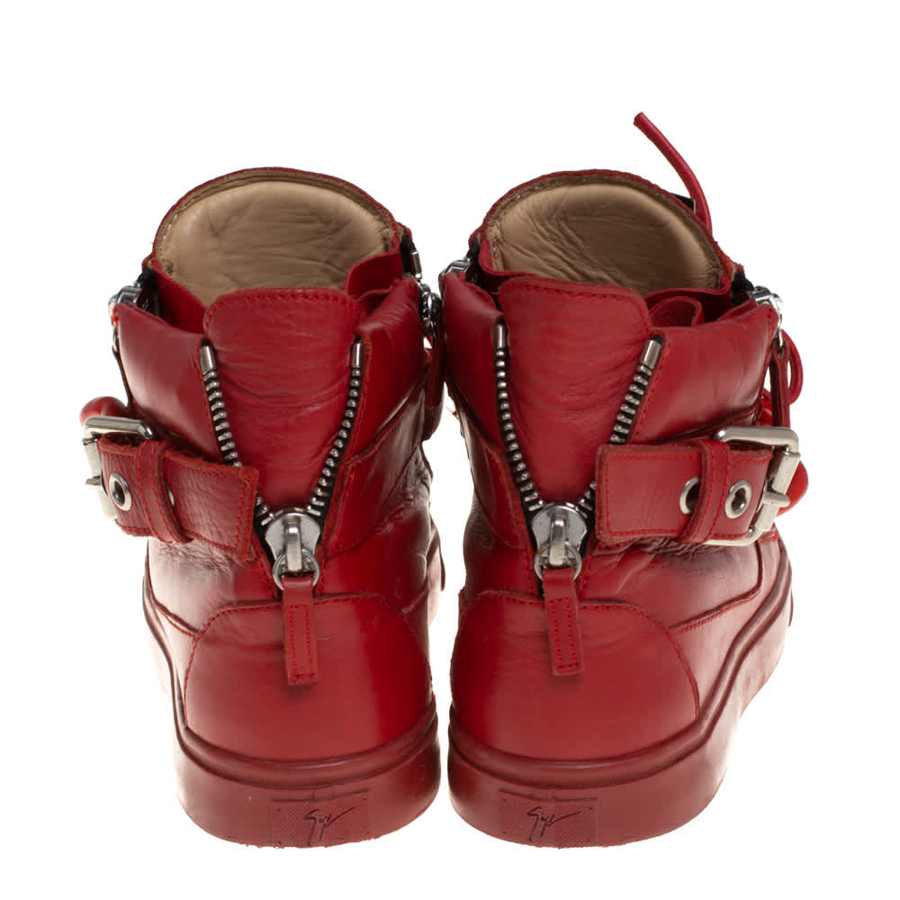 Giuseppe Zanotti Red Leather Chain Detail High Top Sneakers