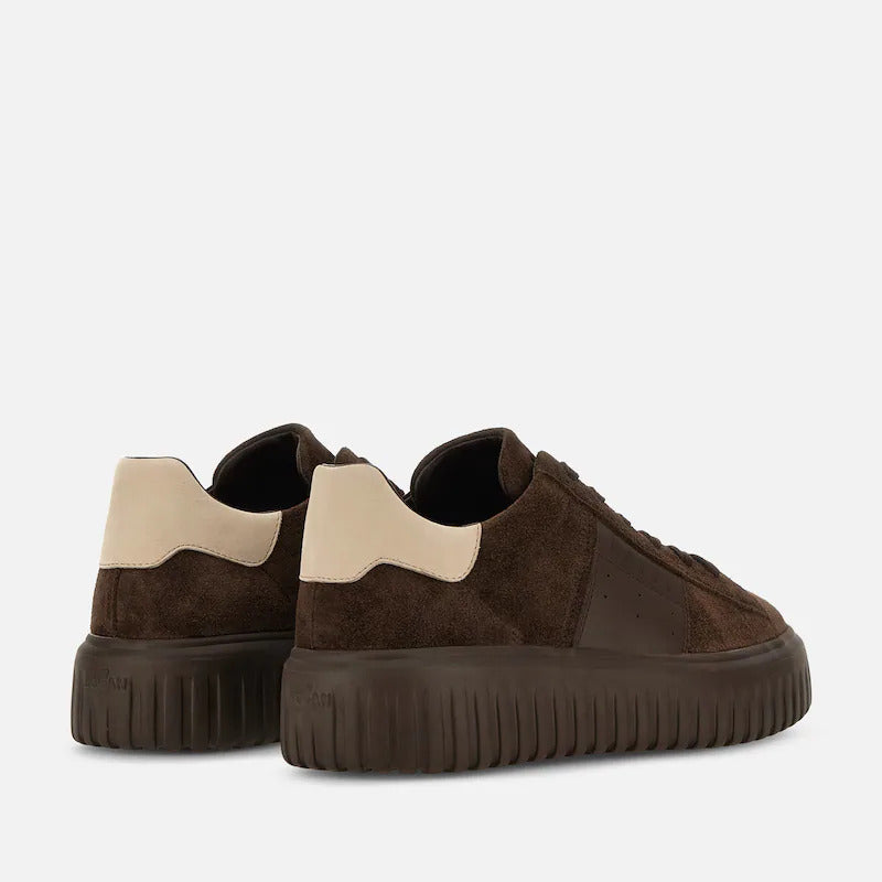 Dark Brown Suede Leather Embossed Low-Top Sneakers