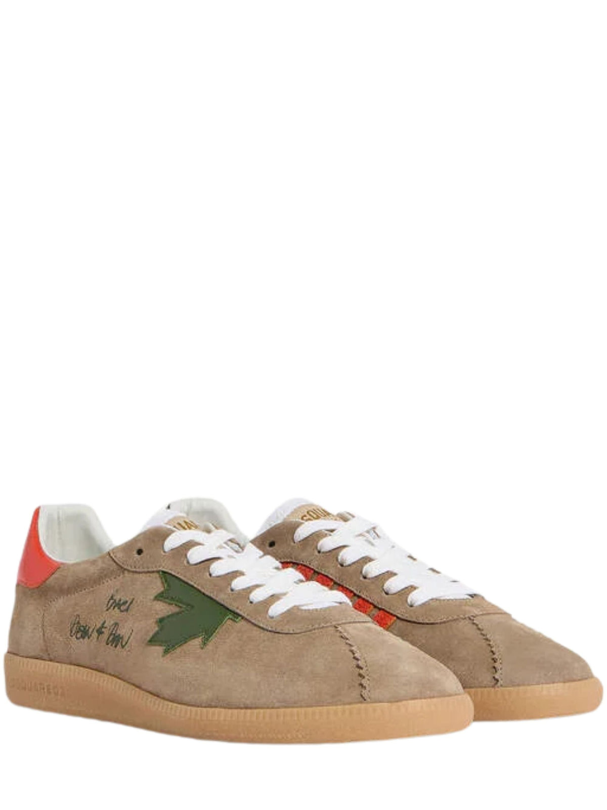 Beige Suede Low-Top Sneakers With Asymmetrical Heel Tabs