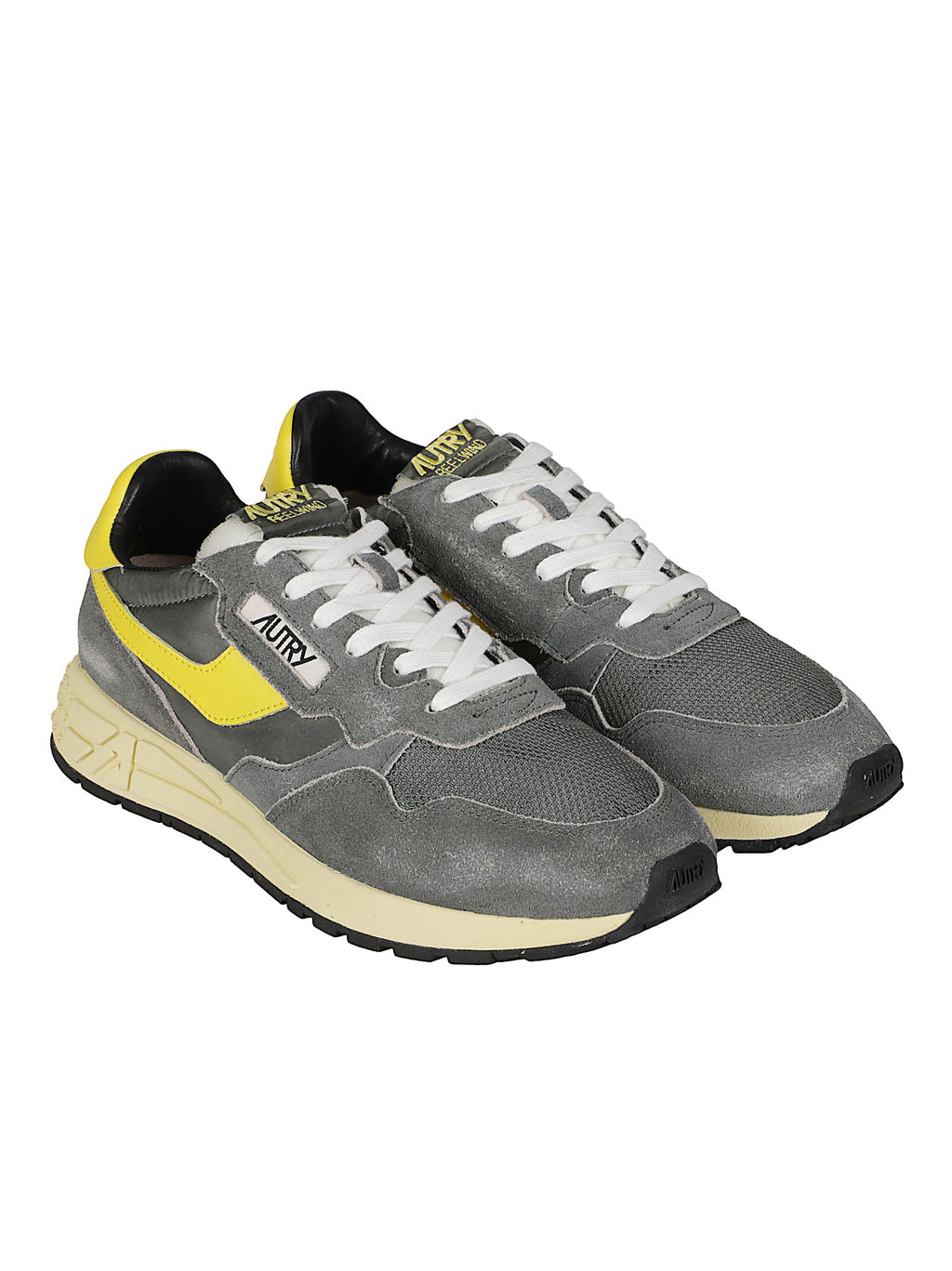 Low-Top Sneakers with Textured Grey Upper and Bold Yellow Accents