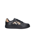 Low-Top Black Leather Sneakers with Signature Check Inserts