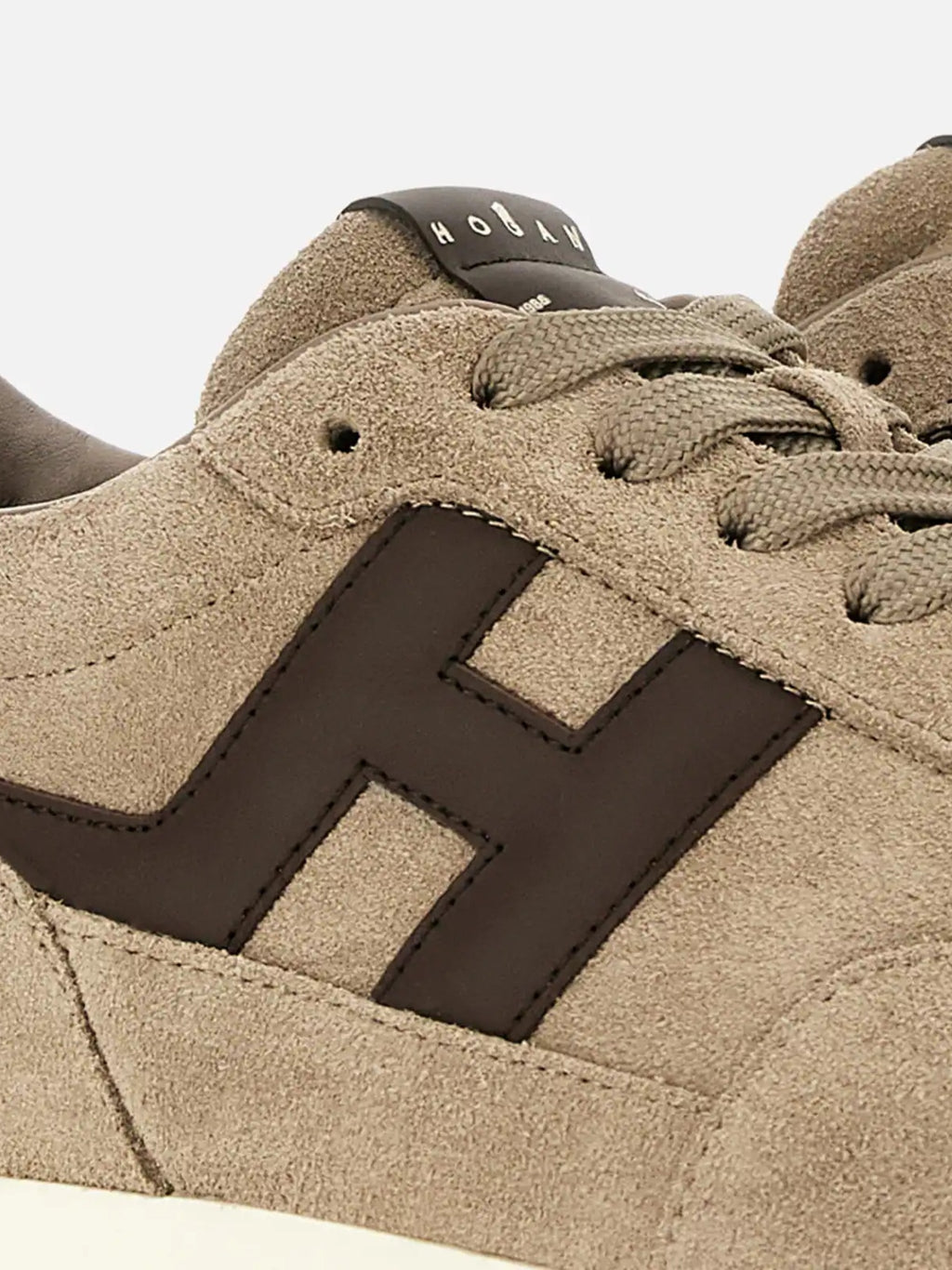 Beige Suede Low-Top Sneakers with Contrasting Dark Brown Logo