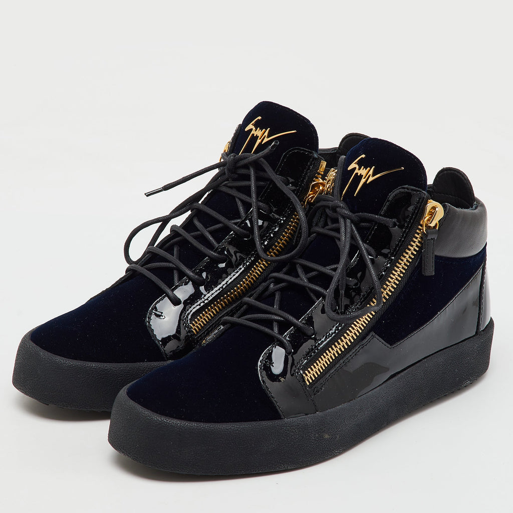 Giuseppe Zanotti Blue/black Velvet And Patent Frankie High Top Sneakers