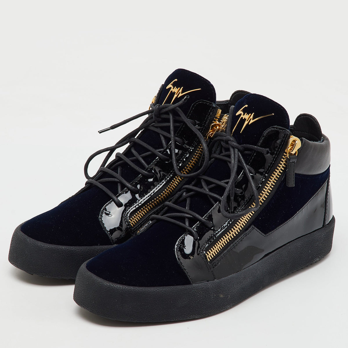 Giuseppe Zanotti Blue/black Velvet And Patent Frankie High Top Sneakers