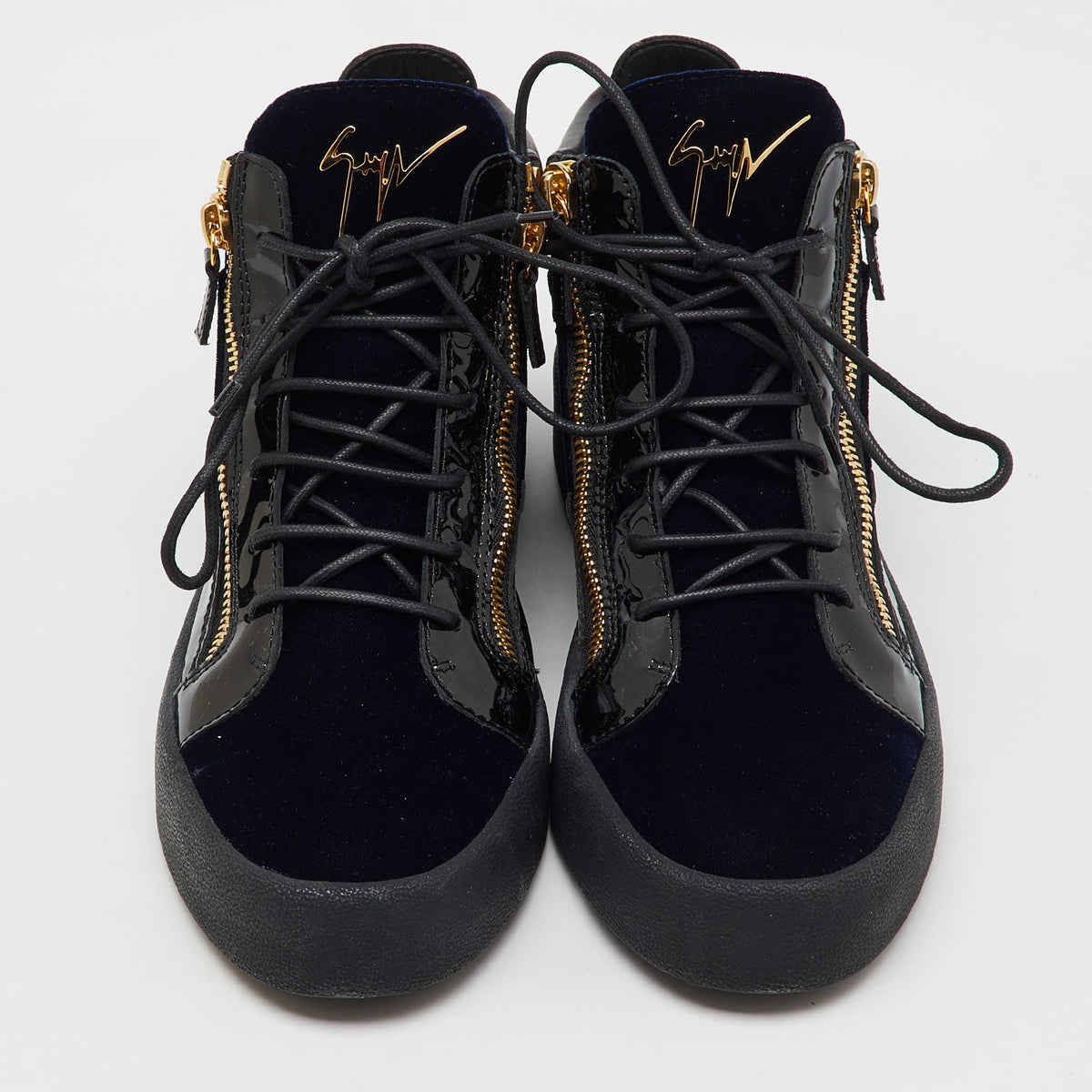 Giuseppe Zanotti Blue/black Velvet And Patent Frankie High Top Sneakers