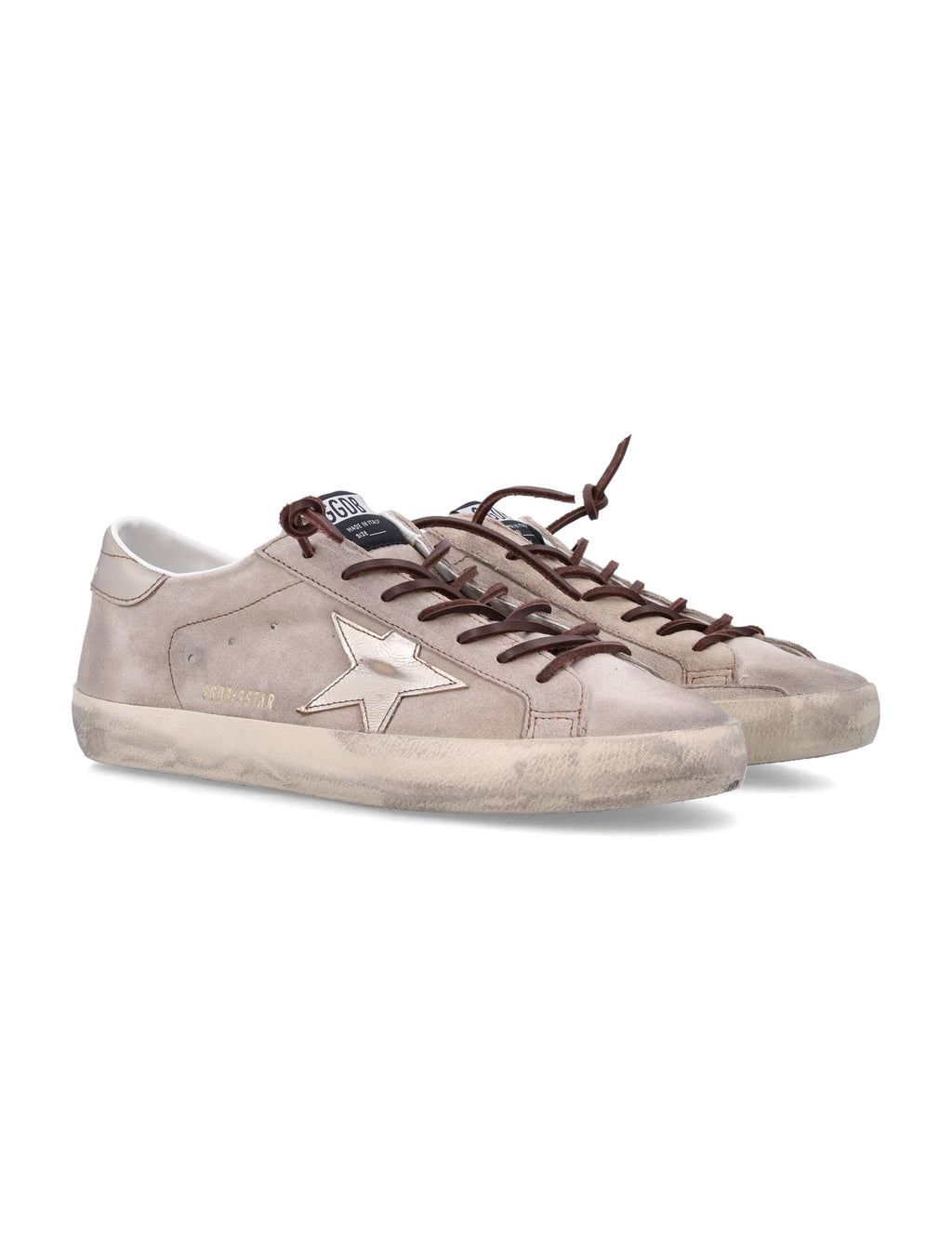 Distressed Beige Suede Sneakers with Metallic Silver Star Detail