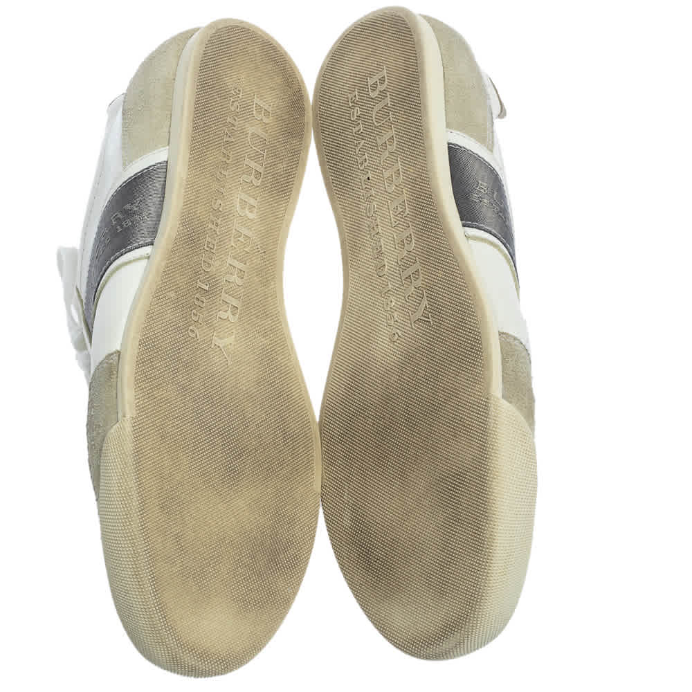 Burberry White/grey Leather And Suede Lace Up Sneakers