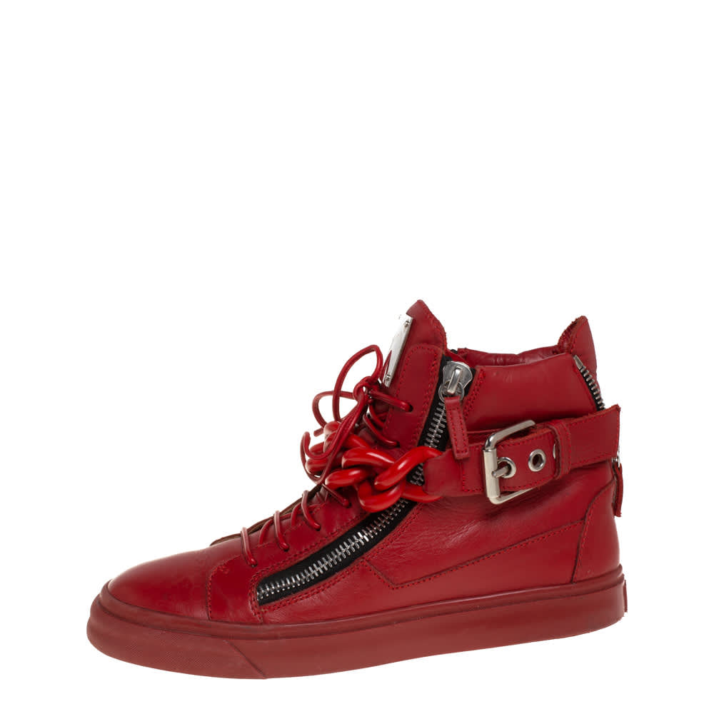 Giuseppe Zanotti Red Leather Chain Detail High Top Sneakers