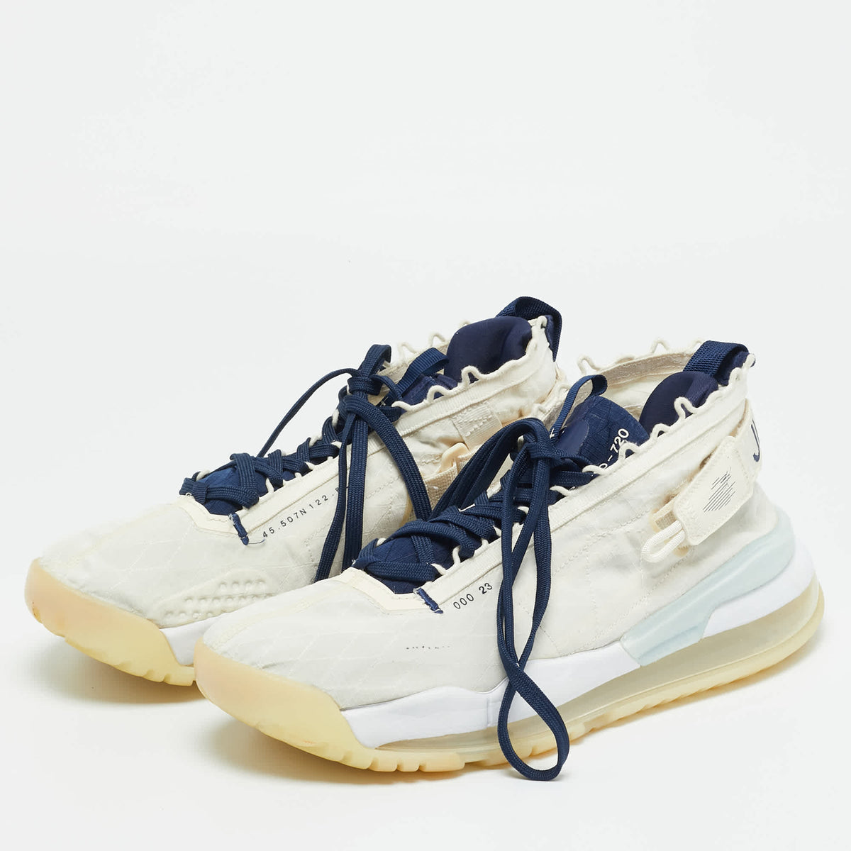 Air Jordans White/navy Blue Fabric Proto Max720 Pale Ivory High Top Sneakers