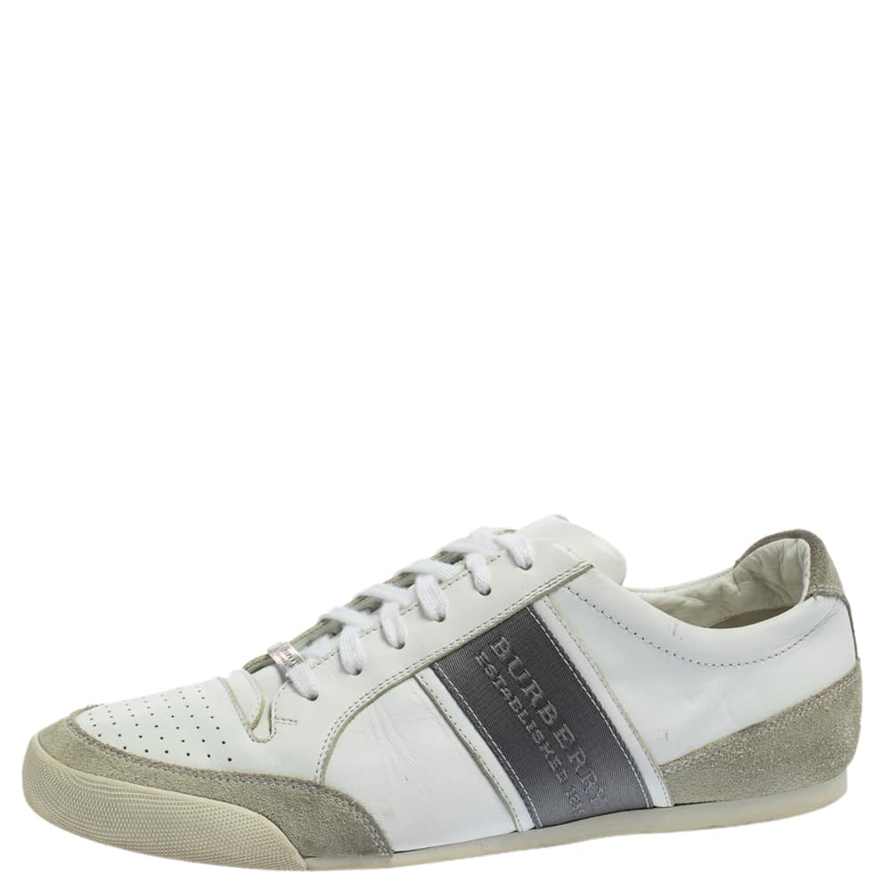 Burberry White/grey Leather And Suede Lace Up Sneakers