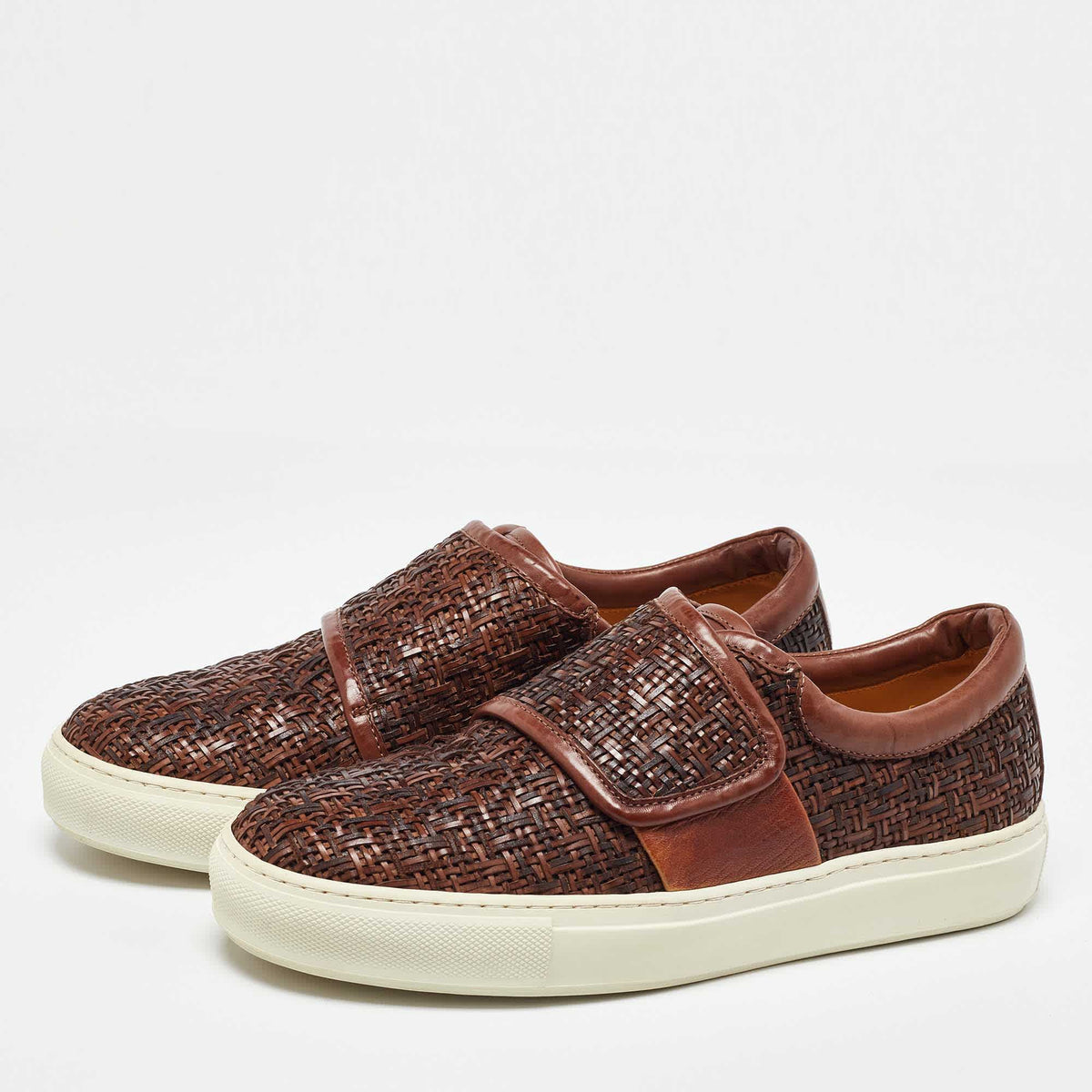 Giorgio Armani Brown Woven Leather Slip On Sneakers